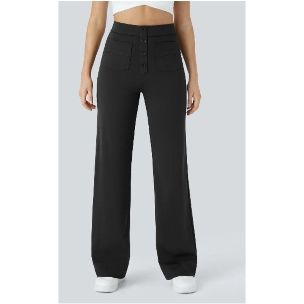 Halara Black High Waisted Wide Leg 4 Button Patch Pocket Pants Womens Medium
